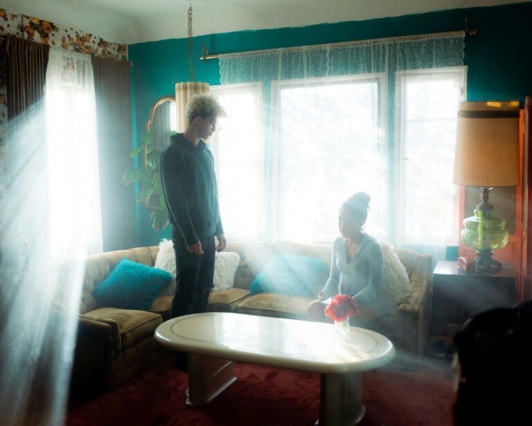 Couple standing together in a calm home setting