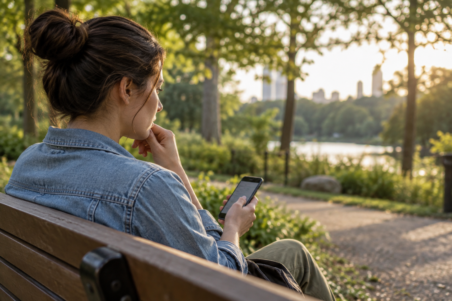 An adult composing a thoughtful message while reflecting on relationship expectations in a park.