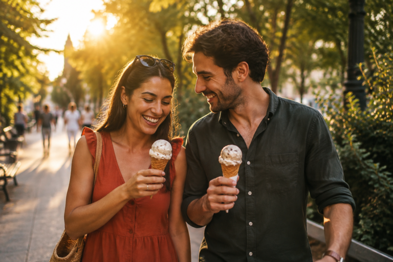 Adult couple enjoying ice cream on a relaxed summer date outdoors