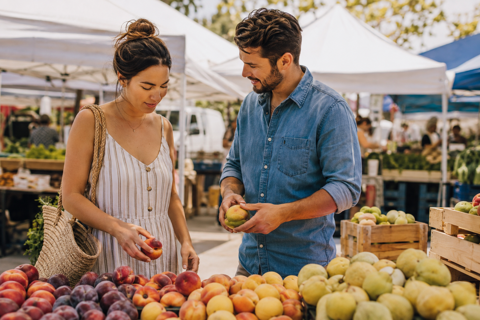 Adult couple choosing fresh fruit at a casual outdoor market