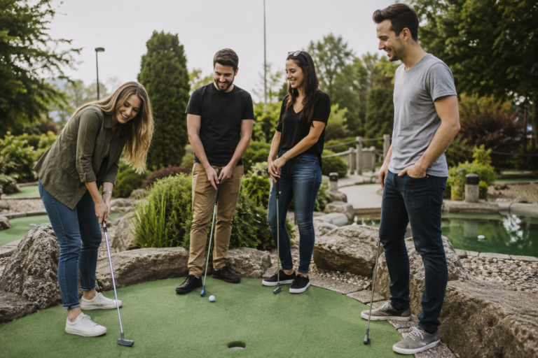 Two adult couples enjoying a casual mini golf double date