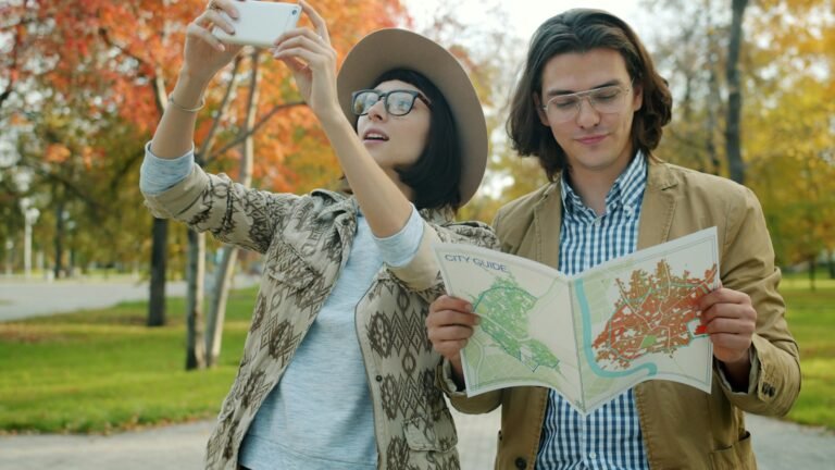 Couple looking at a map while travelling