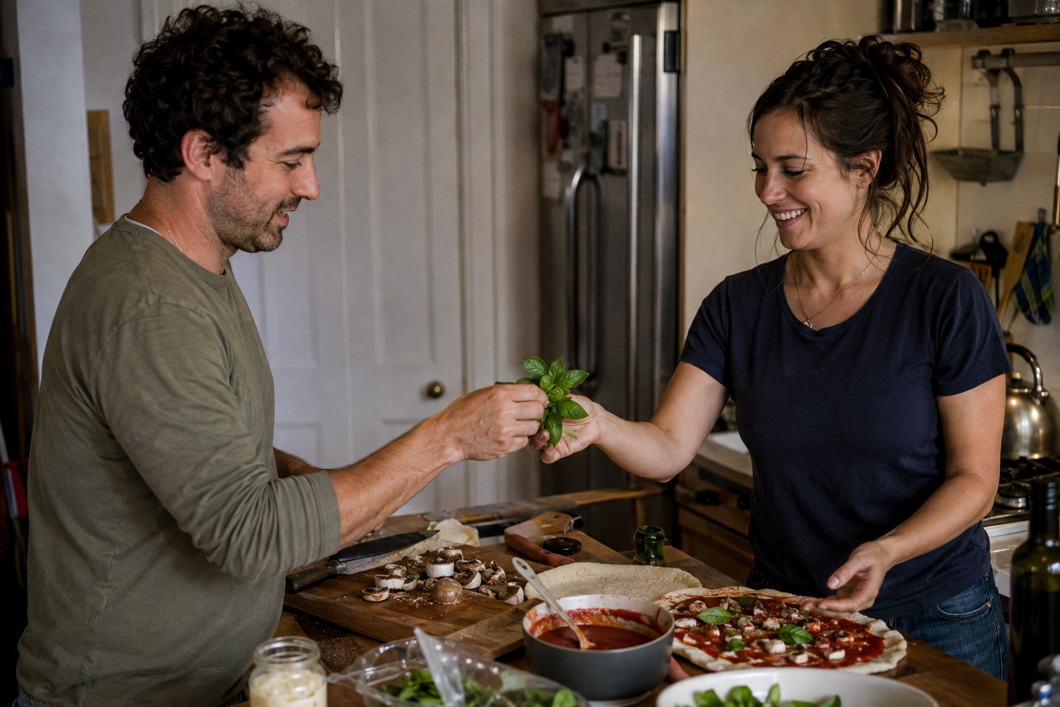 Adult couple preparing a simple pizza dinner together at home