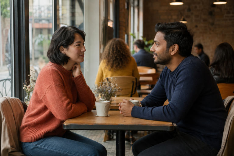 Two adults meeting for the first time at a relaxed public café