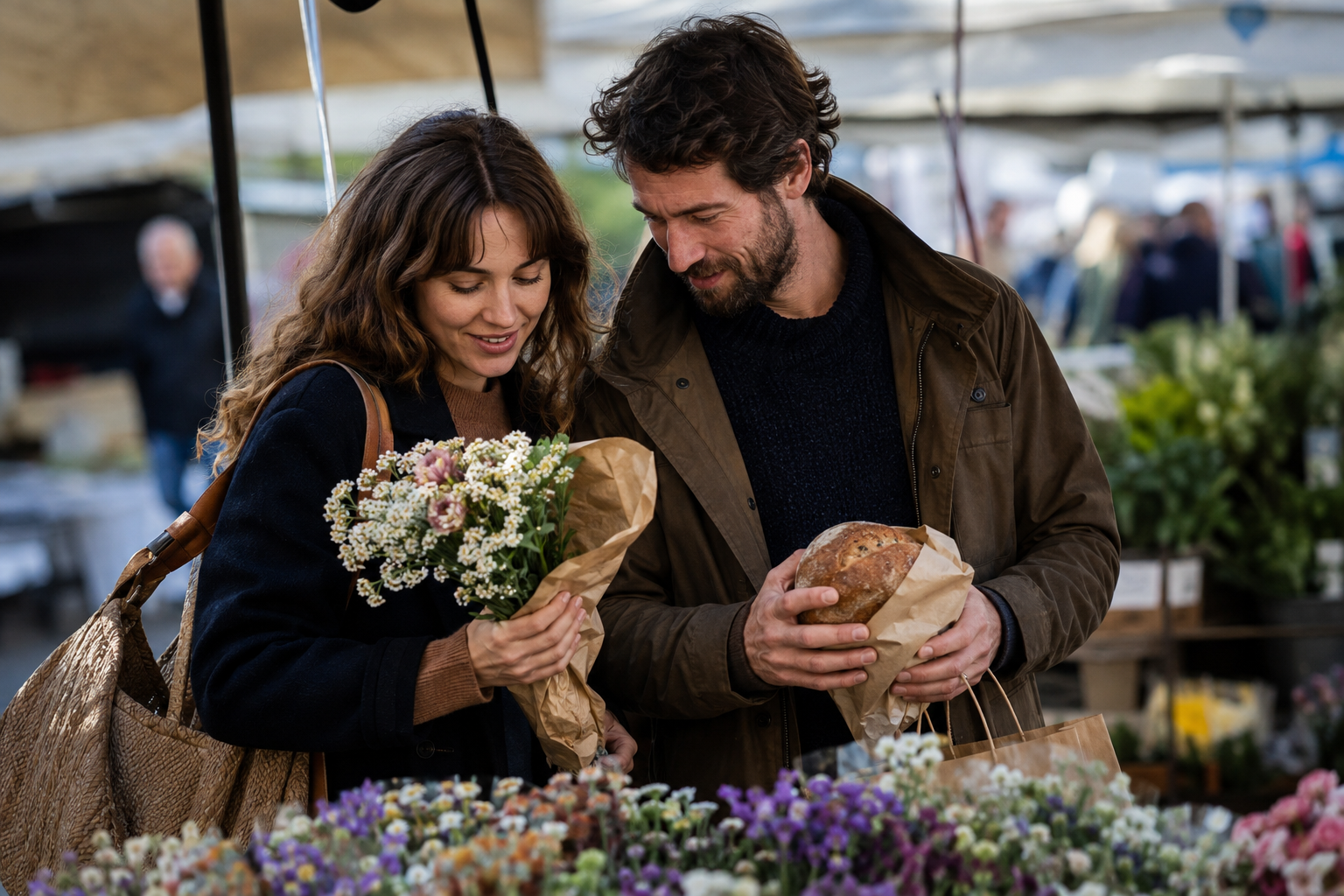 Adult couple choosing bread and flowers together at a local market