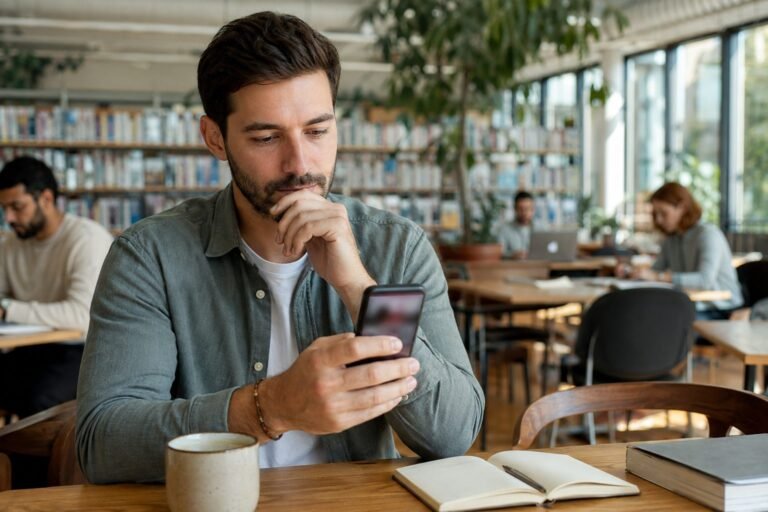 Adult man looking at a generic dating-style profile on a smartphone in a public café