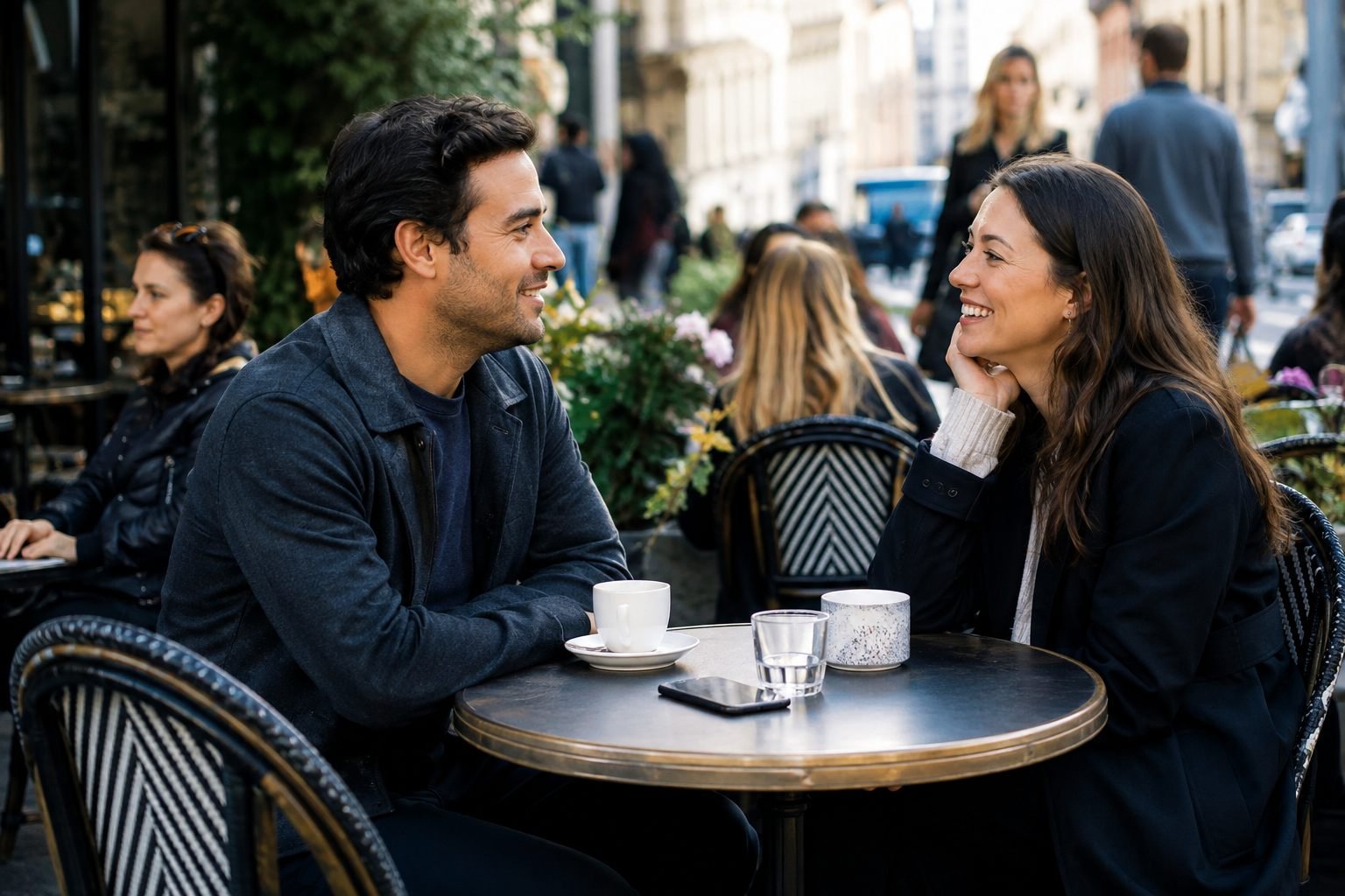 Two adults having a relaxed conversation at an outdoor public café