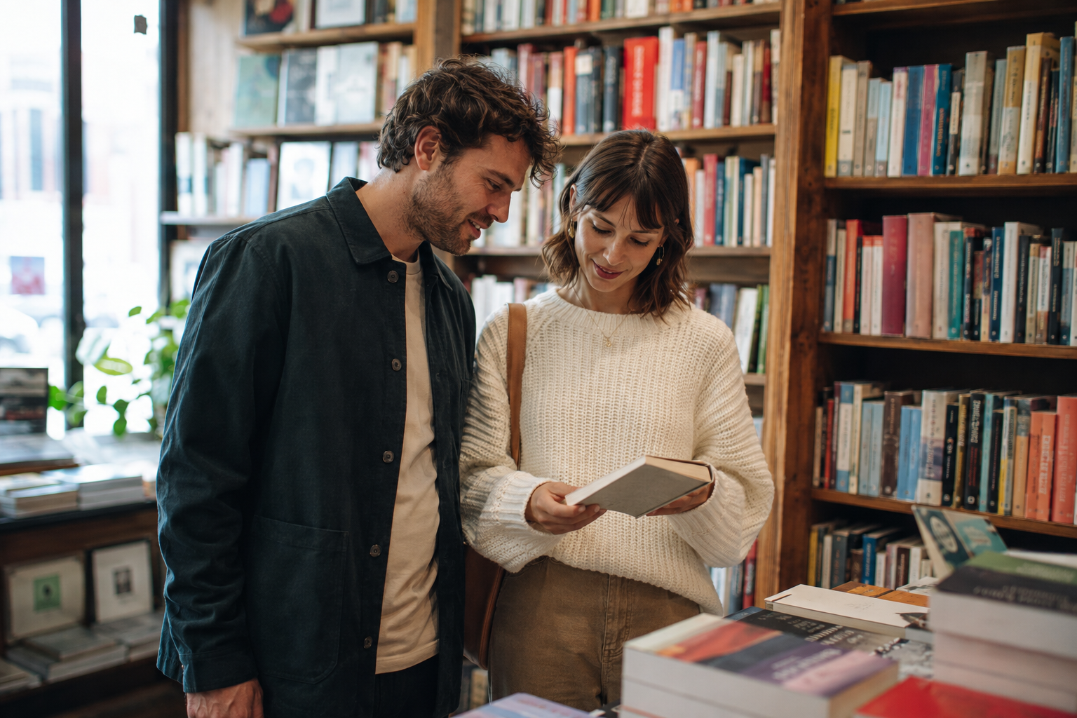 Two adults browsing books together on a relaxed first date