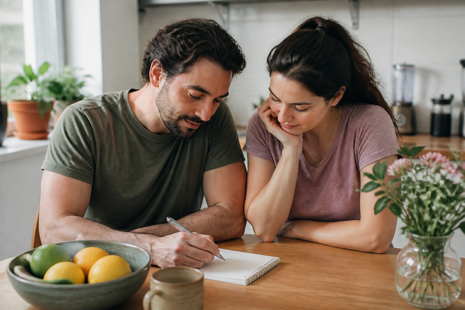 Two adults making a simple anniversary plan together at home