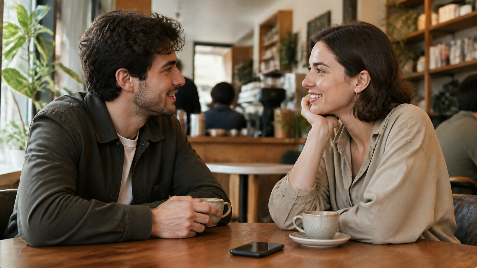 A couple having a face-to-face café conversation beside a phone