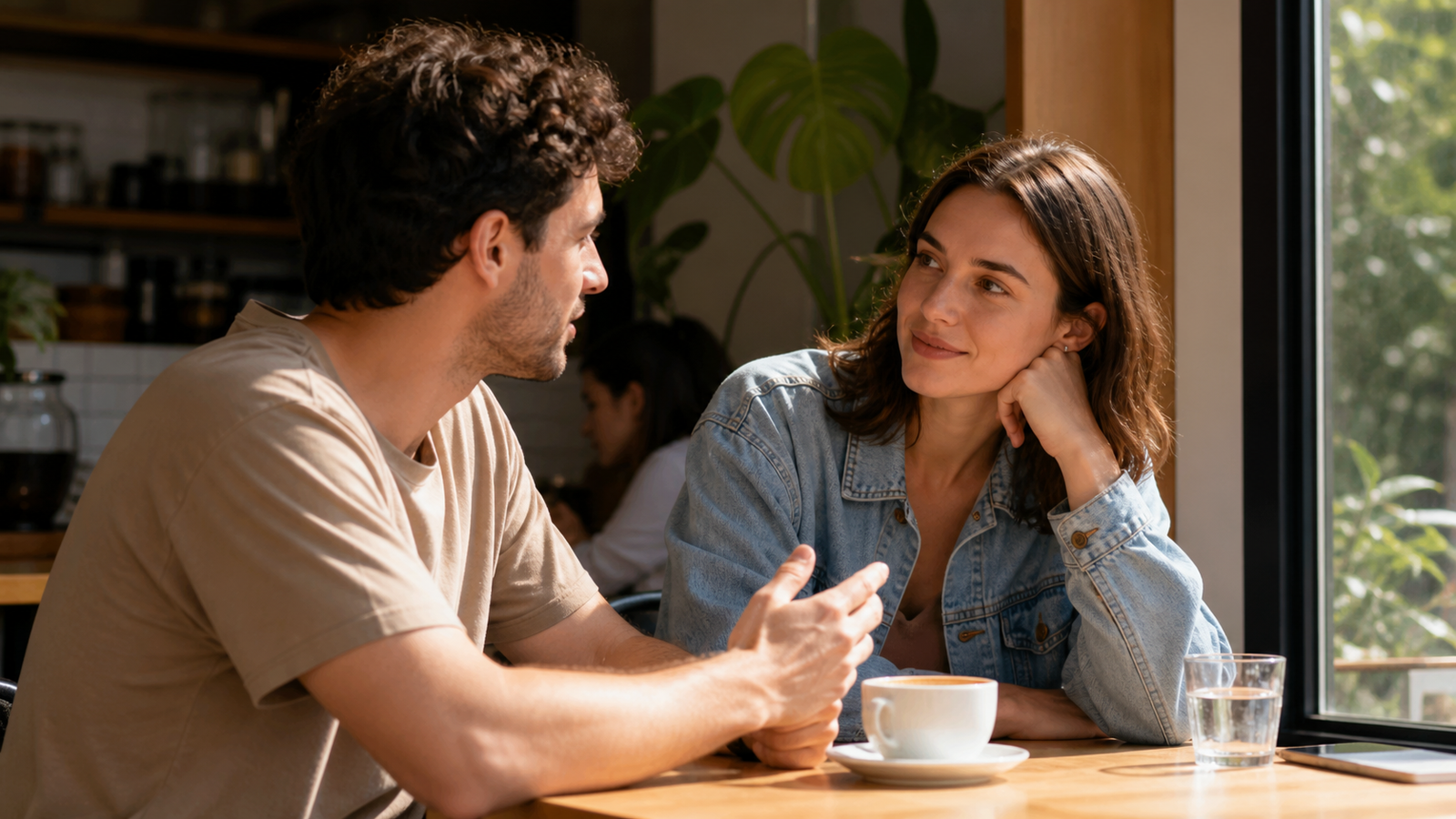 A couple listening during a relaxed café conversation