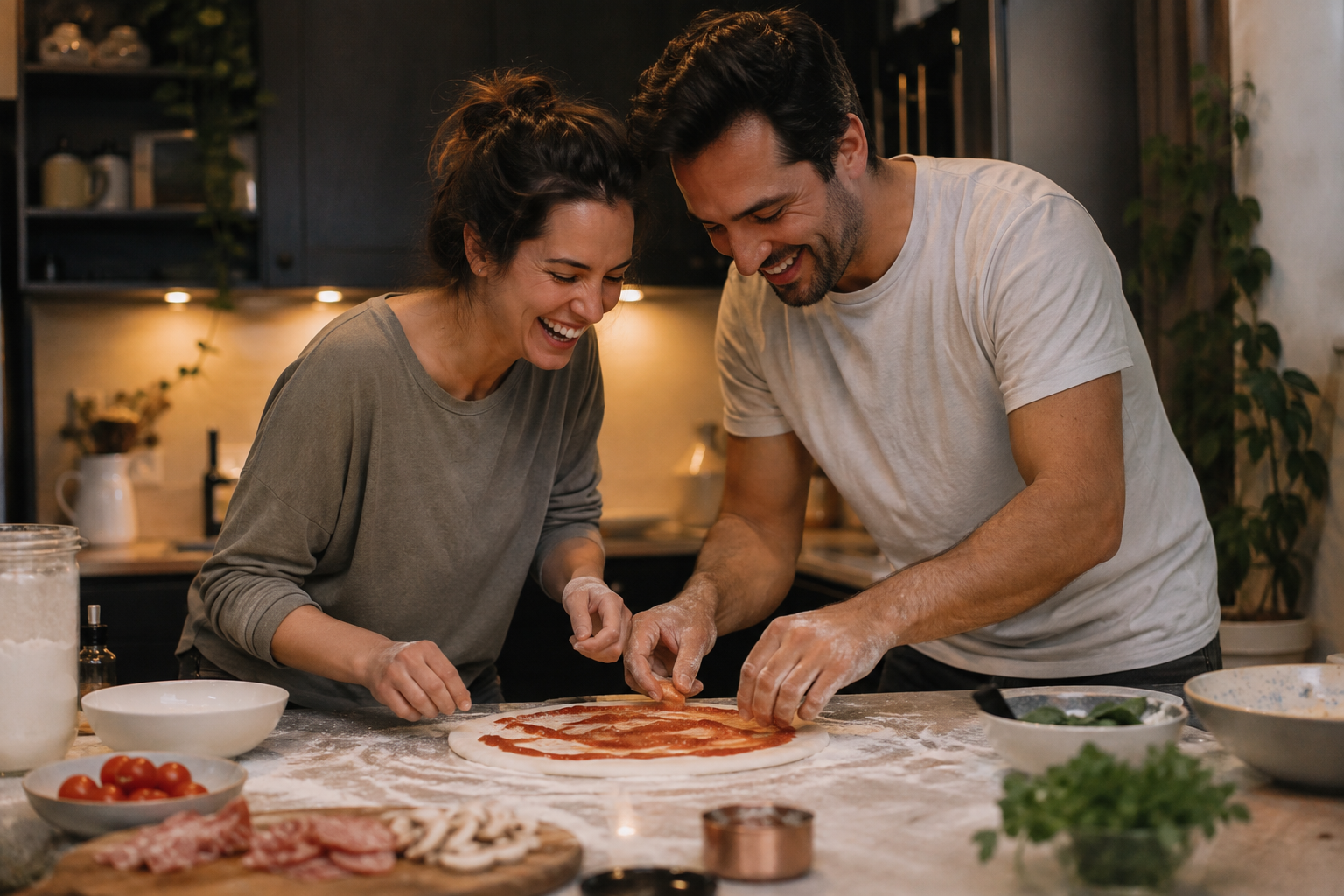 Adult couple making pizza together at home