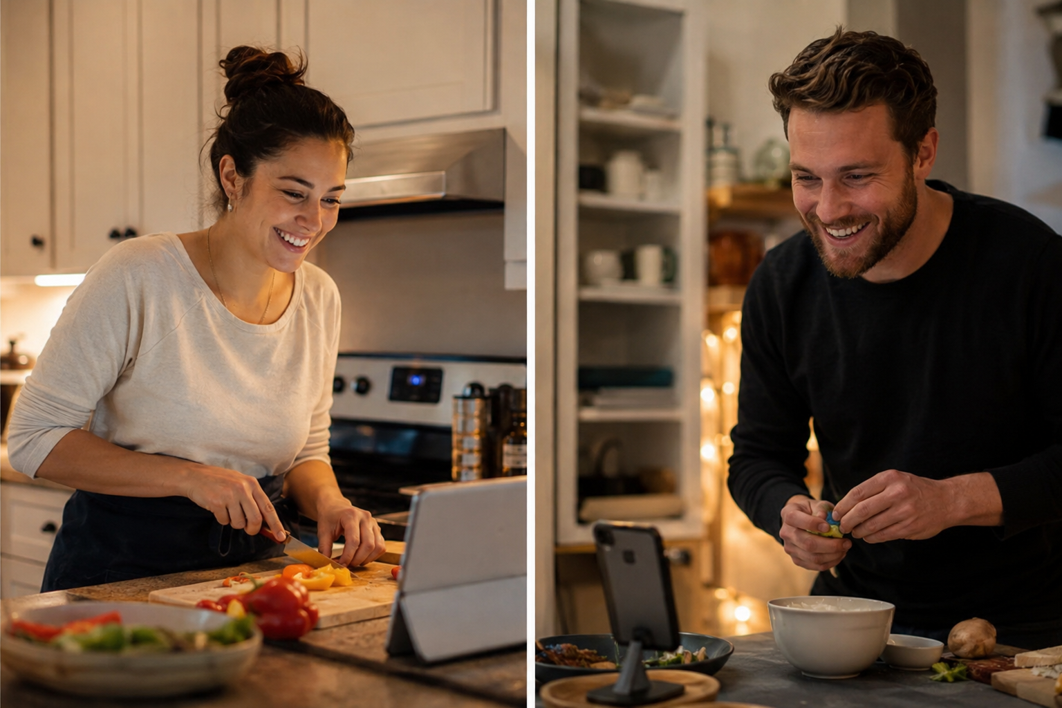 Adult couple enjoying a relaxed virtual cooking date from separate kitchens