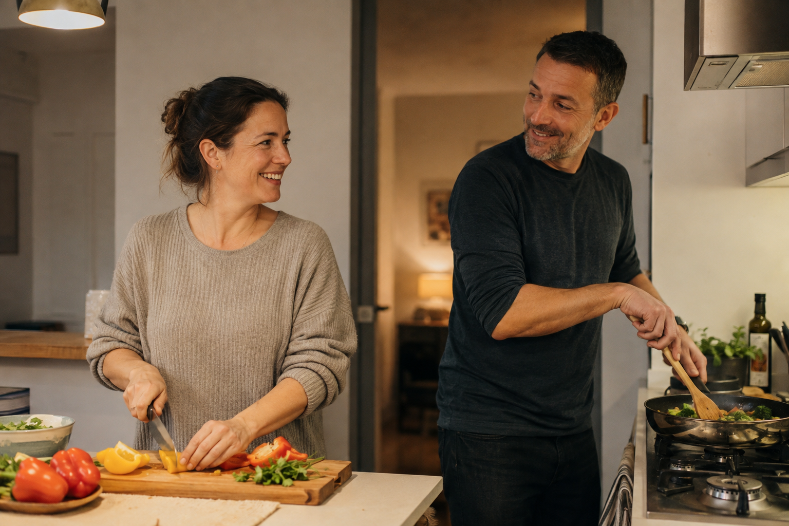 Married adult couple preparing dinner together in a home kitchen