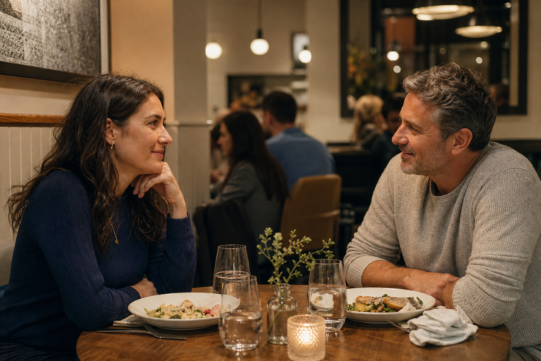 Married adult couple enjoying a relaxed evening together at a casual restaurant