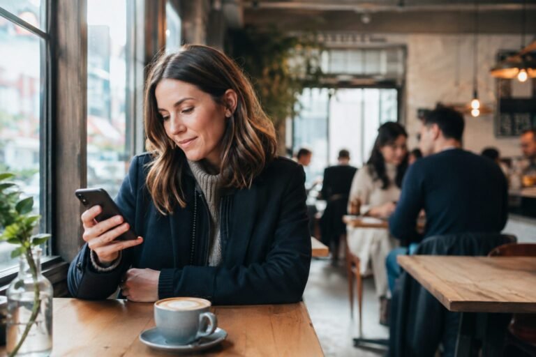 Adult woman using a smartphone in a busy public café