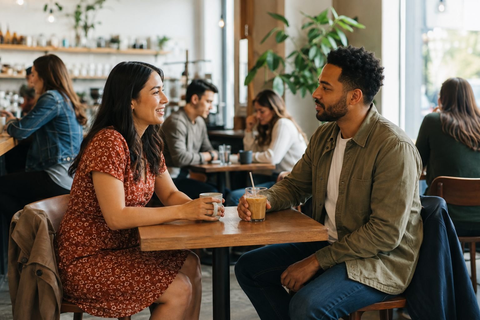 Two adults talking at a busy public café on a first meeting
