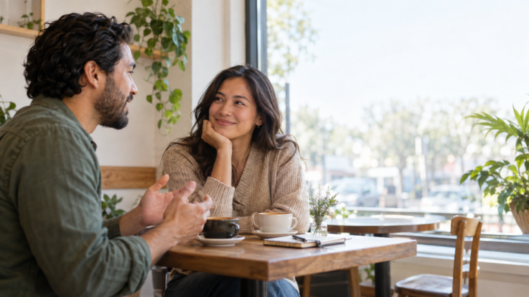 Two adults having a relaxed conversation over coffee on a daytime date.