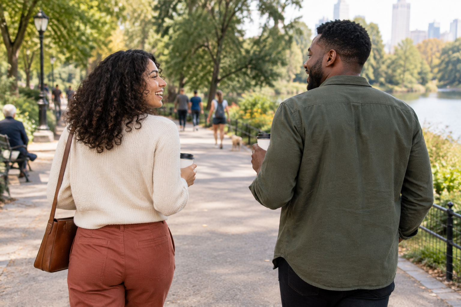 Two adults talking while walking through a public park on a casual first date.