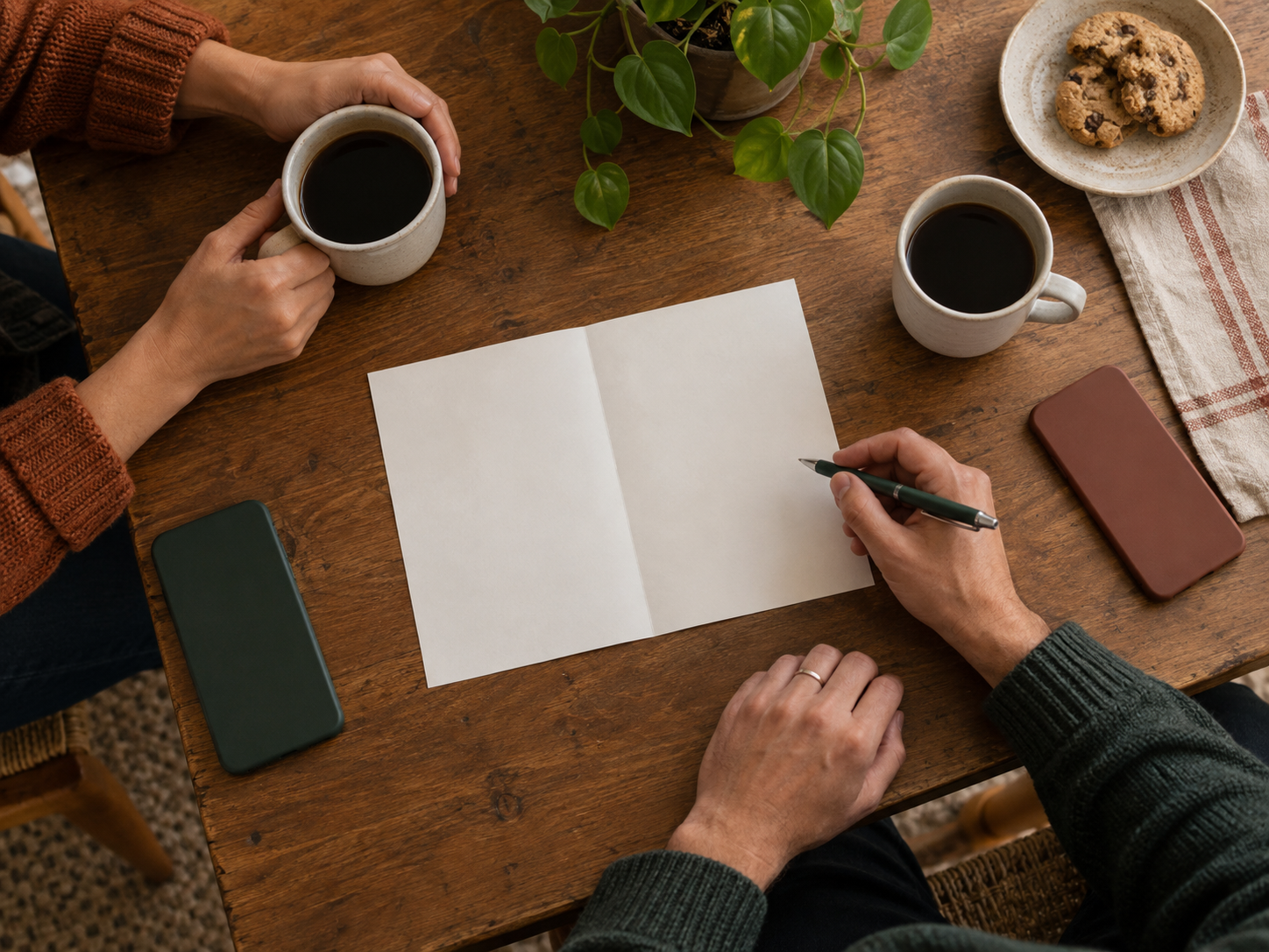 Two people planning a simple date at a table with coffee and phones set aside.